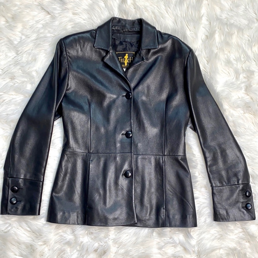 Vintage Italian Leather Button Down Fitted Black Jacket Coat